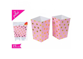 CONTENITORI POP CORN ROSA POIS ORO PZ.2